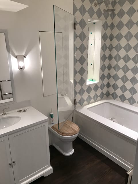 Luxury bathroom with freestanding roll-top bath, Chingford