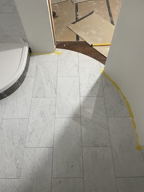 Herringbone metro tile installation, London